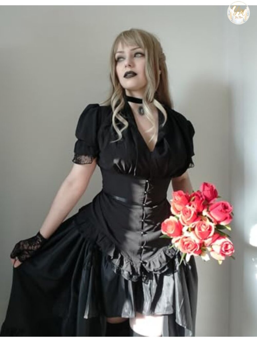 Short Sleeve Victorian Peasant Blouse with Ruffled Cuffs and Back Lacing - Picture 5 of 6